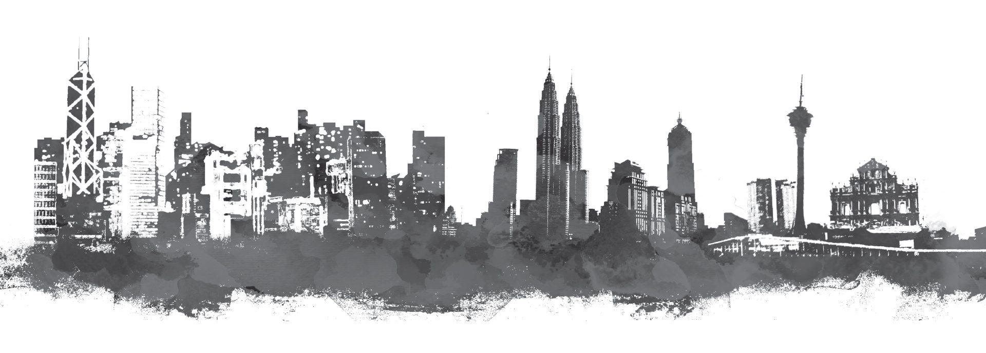 An ink skyline joining the Bank of China Tower in Hong Kong, the Petronas Twin Towers in Kuala Lumpur and the Ruins of St. Paul’s in Macau