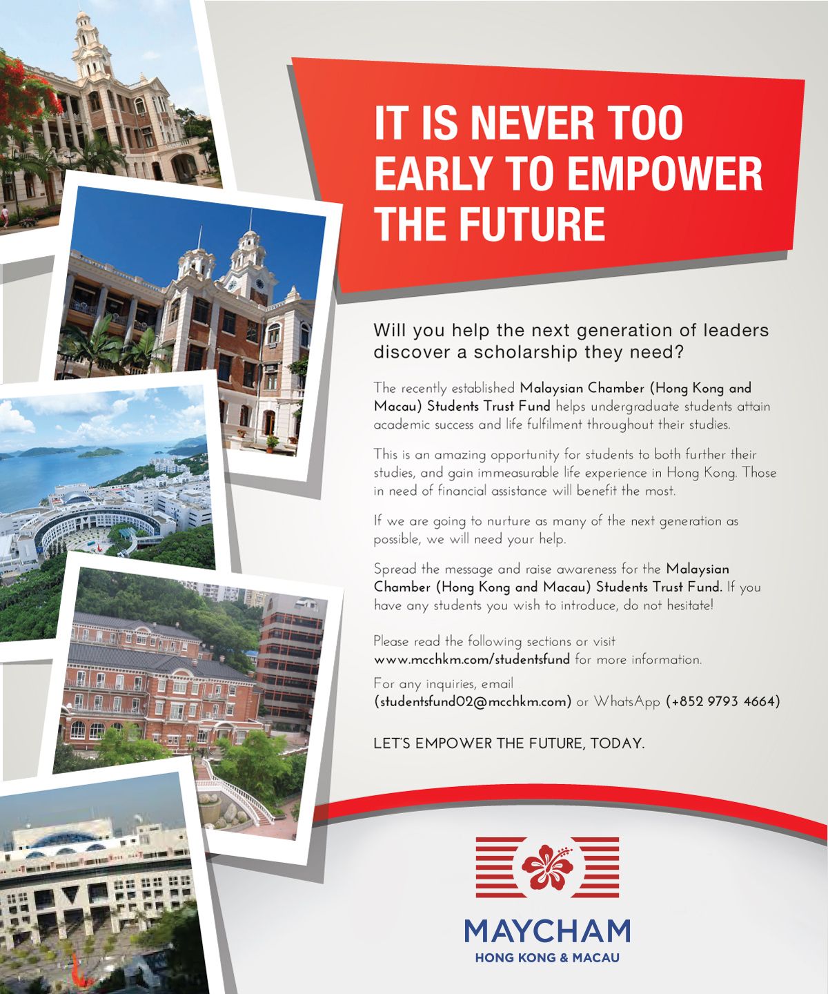 Students Trust Fund flyer: It is never too early to empower the future, beside photographs of the University of Hong Kong
